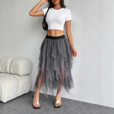 Women Fashion Sexy Irregular High Waist Mesh Skirt