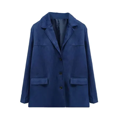 Women Casual Solid Color Suede Lapel Long-Sleeve Pocket Button Loose Blazer
