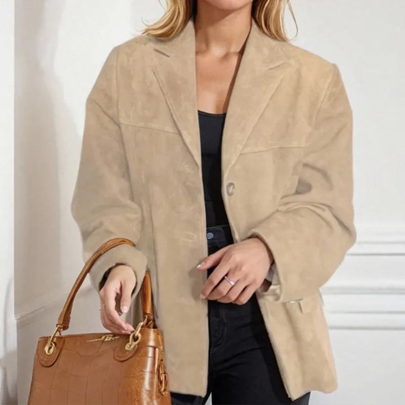 Women Casual Solid Color Suede Lapel Long-Sleeve Pocket Button Loose Blazer