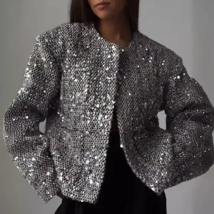 Women Casual Solid Color Tweed Sequin Long-Sleeve Jacket