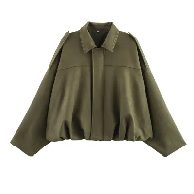 Women Casual Solid Color Suede Lapel Bat Sleeve Zipper Jacket