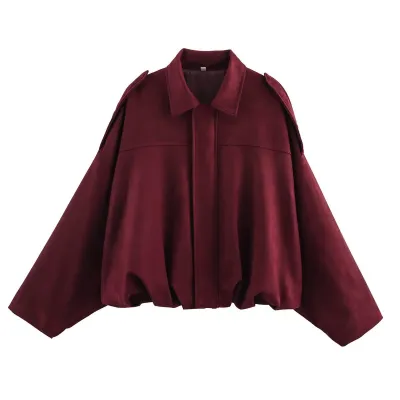 Women Casual Solid Color Suede Lapel Bat Sleeve Zipper Jacket