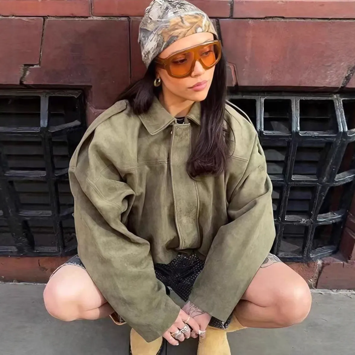 Women Casual Solid Color Suede Lapel Bat Sleeve Zipper Jacket