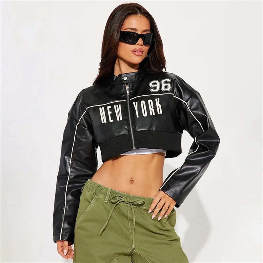 Women Fashion Sexy Letter Printed Slim-Fit Zipper Long-Sleeve Leather Jacket