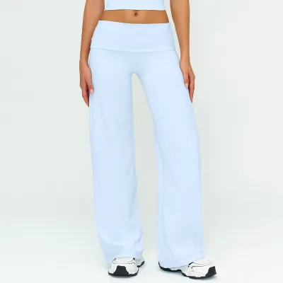 Women Casual Solid Color Sanding Flip Waist Loose Wide Leg Sports Pants