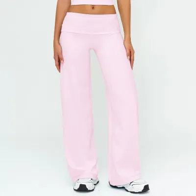Women Casual Solid Color Sanding Flip Waist Loose Wide Leg Sports Pants