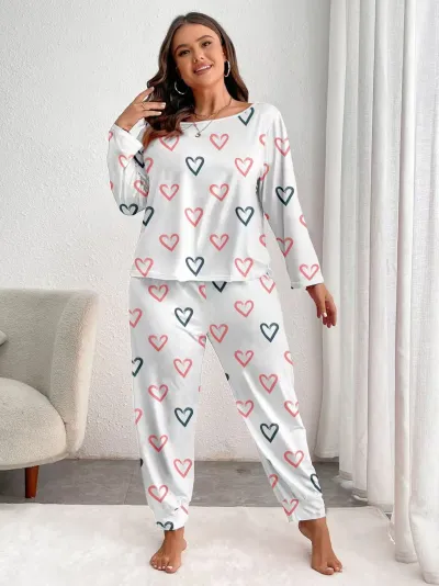 Women's Casual Plus Size Love Printed Long-Sleeve Top and Loose Pants Pajama Set
