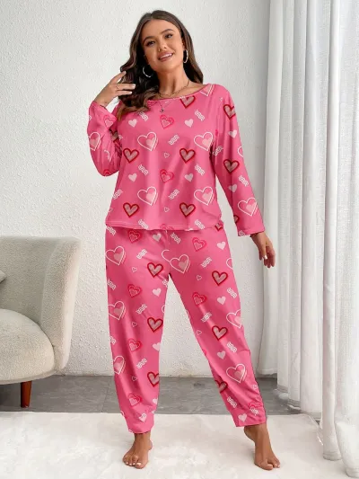 Women's Casual Plus Size Love Printed Long-Sleeve Top and Loose Pants Pajama Set