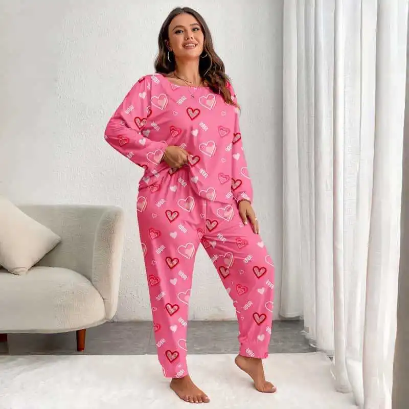 Women's Casual Plus Size Love Printed Long-Sleeve Top and Loose Pants Pajama Set