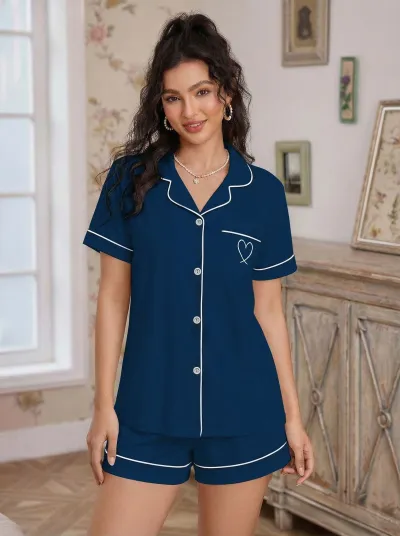 Women Casual Lapel Short-Sleeve Cardigan Loose Shorts Pajamas Two-Piece Set