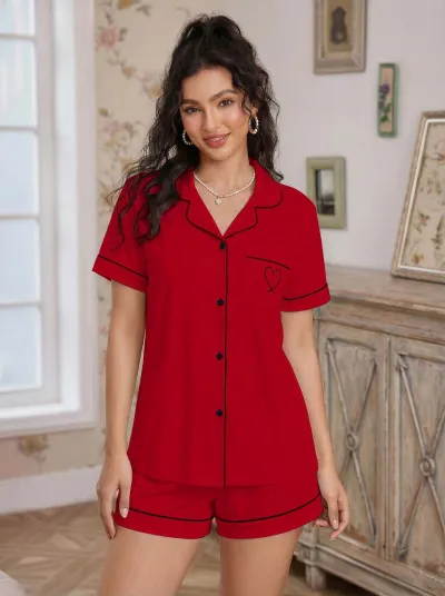 Women Casual Lapel Short-Sleeve Cardigan Loose Shorts Pajamas Two-Piece Set