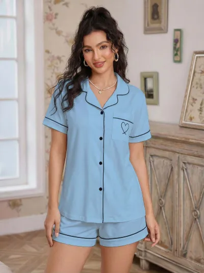 Women Casual Lapel Short-Sleeve Cardigan Loose Shorts Pajamas Two-Piece Set