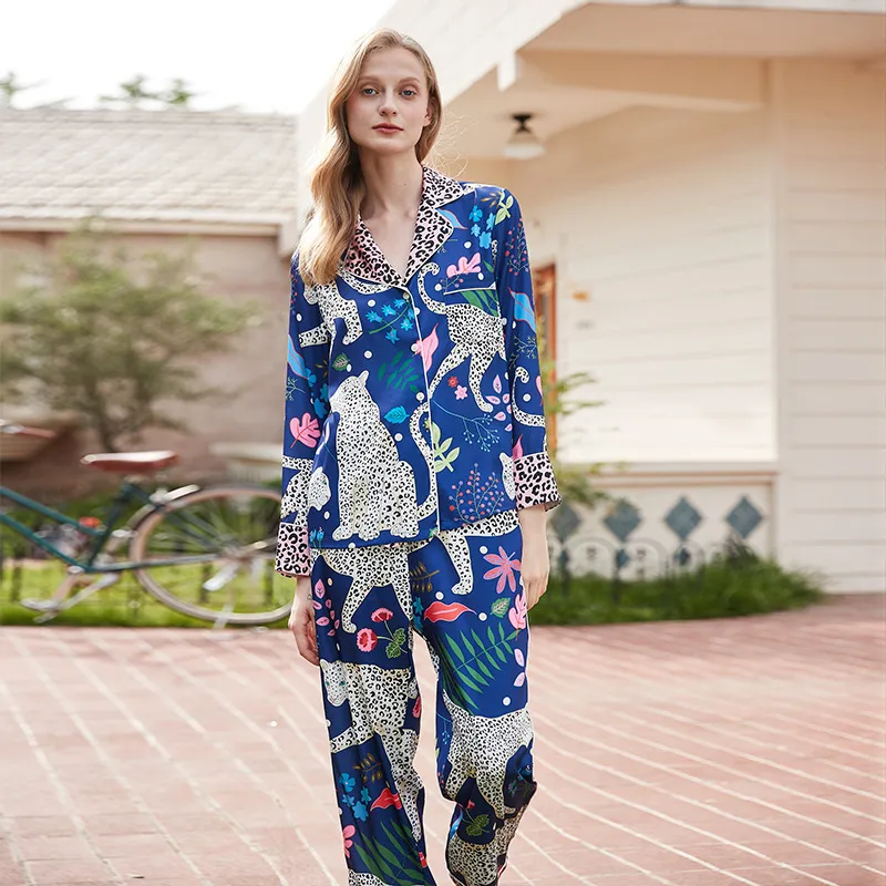 Women's Casual Ice Silk Leopard Print Long Sleeve Cardigan and Loose Pants Pajama Set
