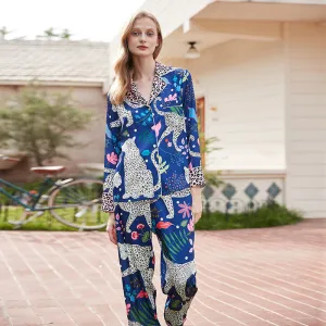 Women's Casual Ice Silk Leopard Print Long Sleeve Cardigan and Loose Pants Pajama Set