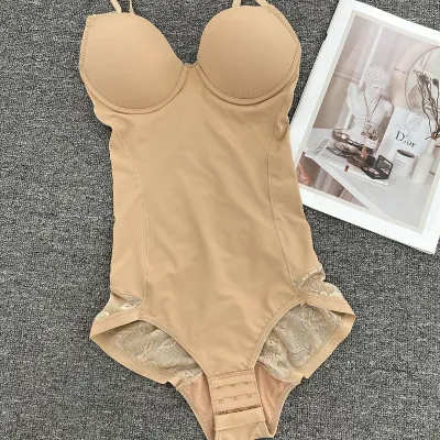 Women Sexy Solid Color Lace Stitching Breast-Supporting Traceless Shapewear Bodysuit
