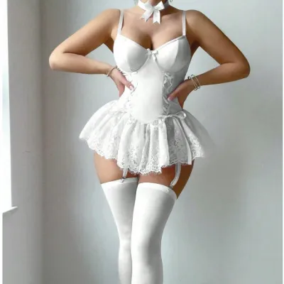 Women Solid Color Lace Stitching With Garter Sexy Lingerie Set