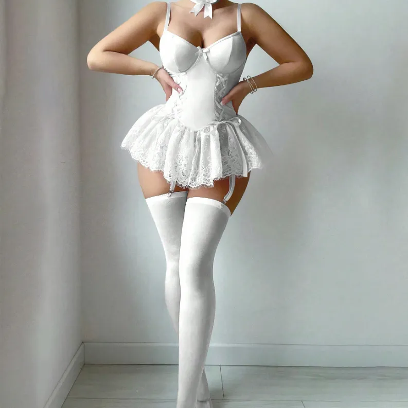 Women Solid Color Lace Stitching With Garter Sexy Lingerie Set