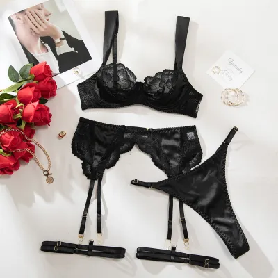 Women Fashion Solid Color Lace Stitching Thin Hollow Garter Belt Sexy Lingerie Four-Piece Set
