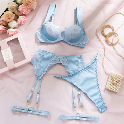 Women Fashion Solid Color Lace Stitching Thin Hollow Garter Belt Sexy Lingerie Four-Piece Set