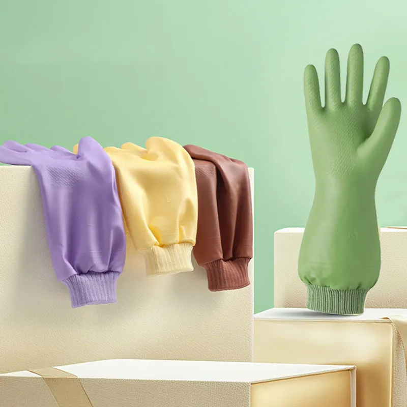 Fashion Household Fleece-Lined Durable Waterproof Rubber Gloves Thickening Solid Color About 34Cm