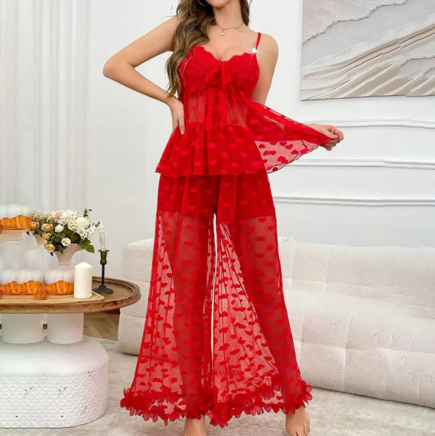 Women Fashion Sexy Solid Color Mesh Perspective Lace Camisole Loose Pants Pajamas Two-Piece Set