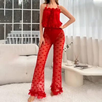 Women Sexy Love Printed Lace Perspective Camisole Tight Pants Pajamas Two-Piece Set