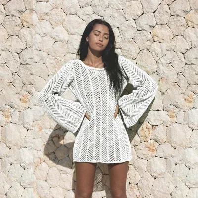 Women Fashion Solid Color Hollow Crochet Beach Cover-Ups