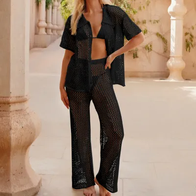 Women Fashion Beach Loose Crochet Top And Pants Two-Piece Cover-Ups