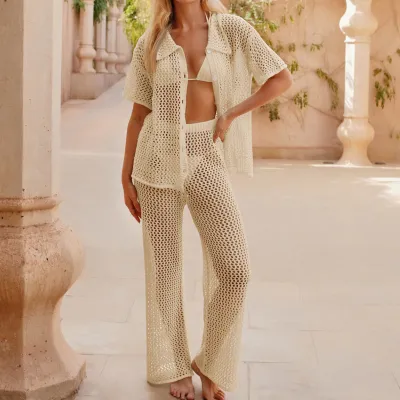 Women Fashion Beach Loose Crochet Top And Pants Two-Piece Cover-Ups