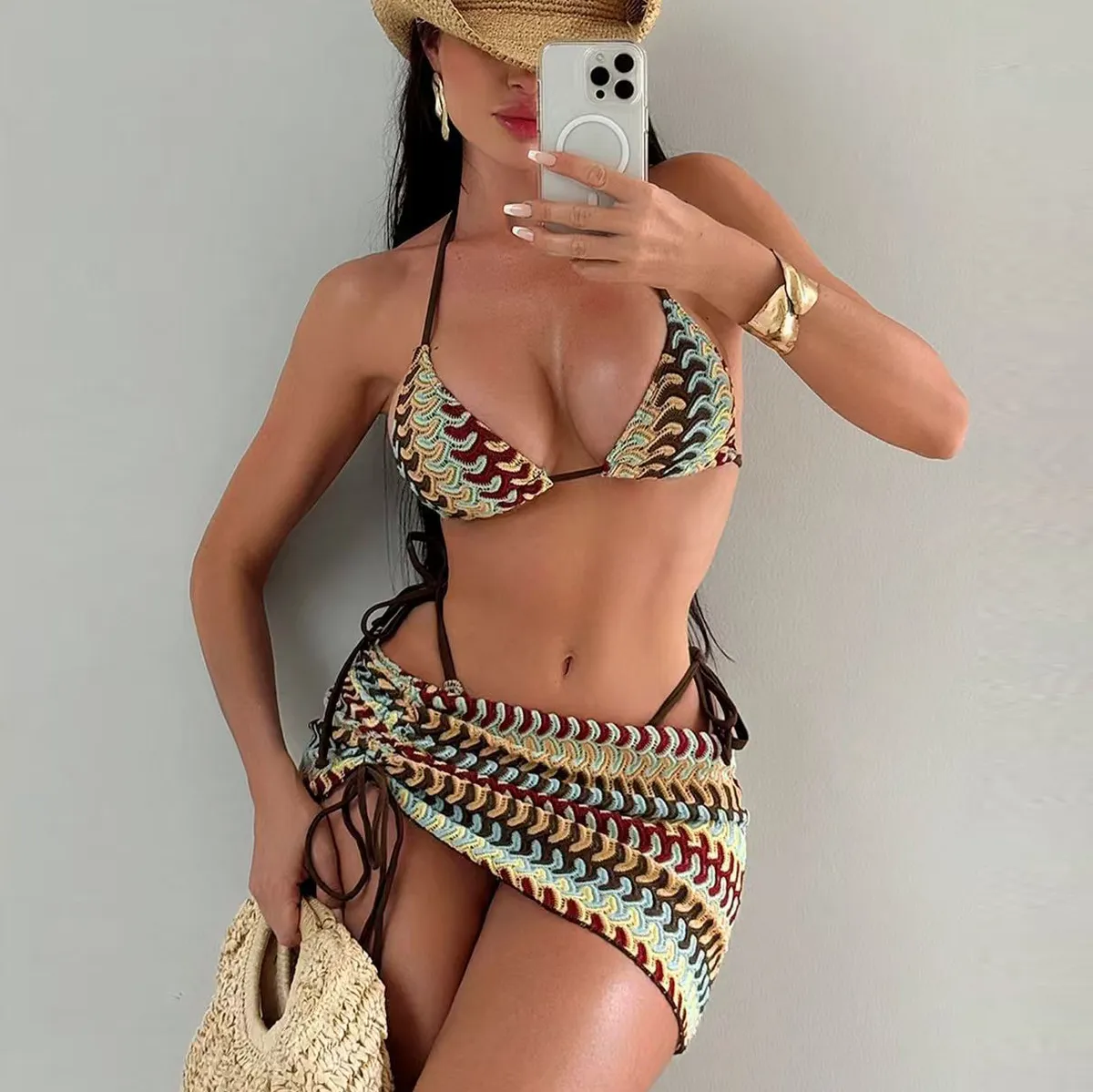 Women Sexy Stripe Seaside Holiday Bikini Cover-Up Swimsuit Three-Piece Set