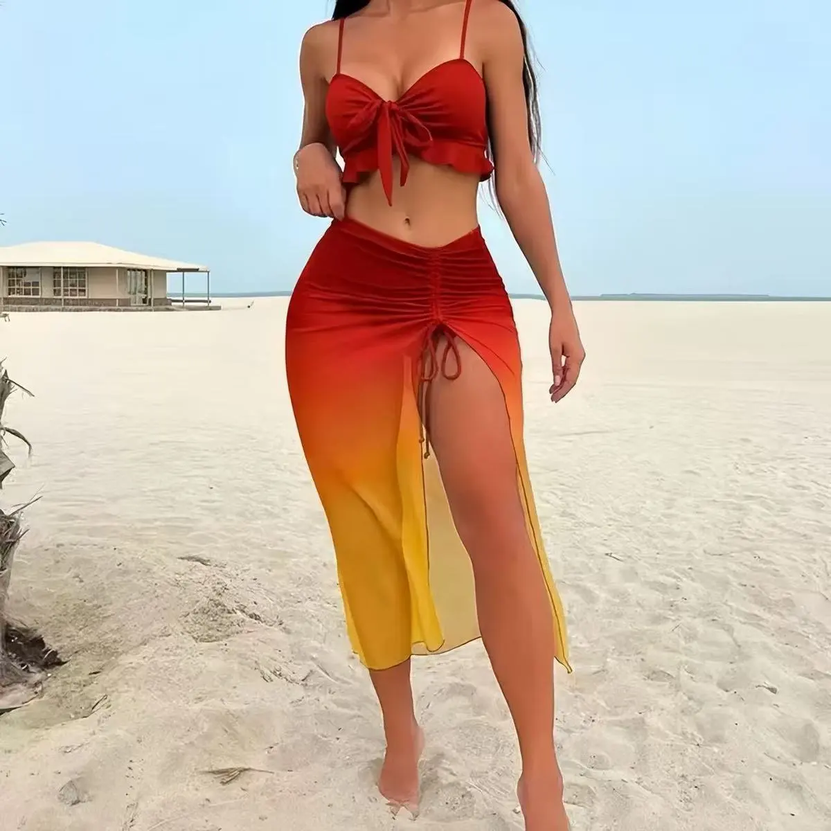 Women Gradient Bikini Cover-Up Swimsuit Three-Piece Set