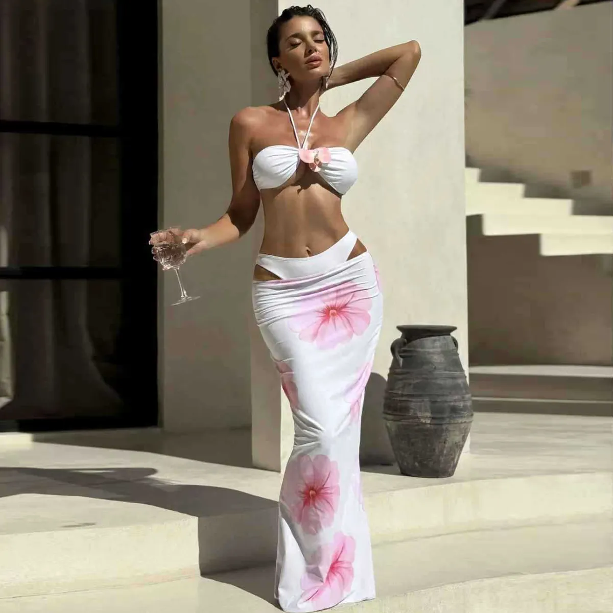Women's Floral Print Bikini Cover-Up Swimsuit Three-Piece Set