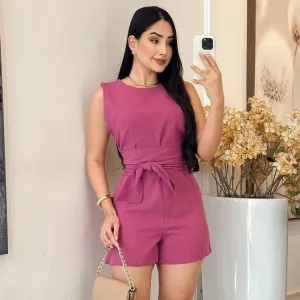 Women Fashion Casual Solid Color Sleeveless Lace-Up Rompers