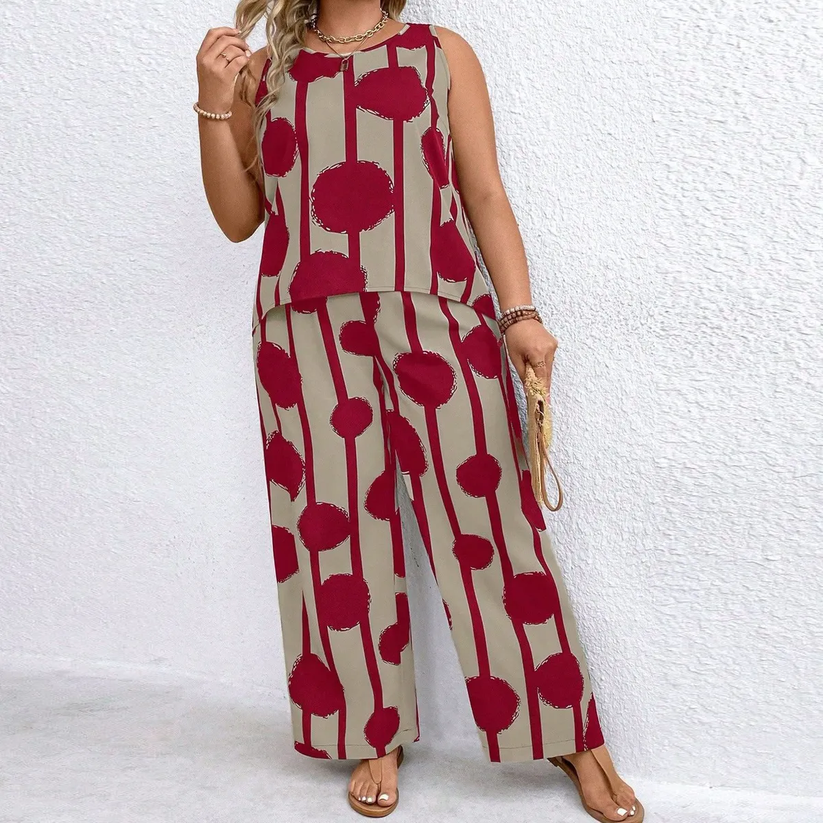 Women Plus Size Two-Piece Casual Sleeveless Top And Wide-Leg Pants Set