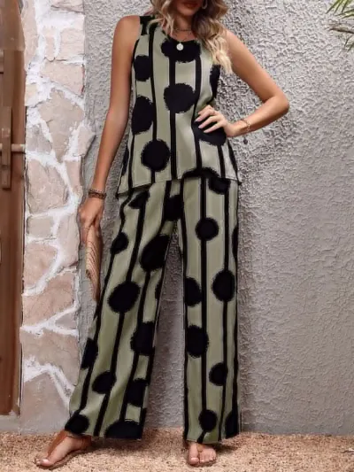 Women Plus Size Two-Piece Casual Sleeveless Top And Wide-Leg Pants Set