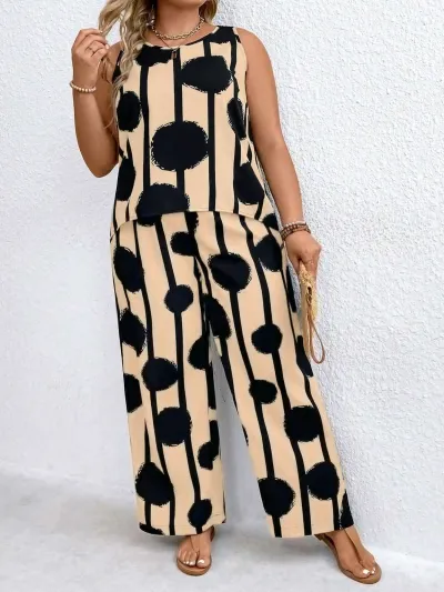 Women Plus Size Two-Piece Casual Sleeveless Top And Wide-Leg Pants Set