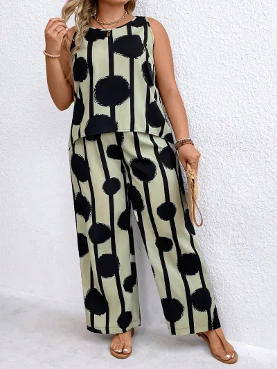 Women Plus Size Two-Piece Casual Sleeveless Top And Wide-Leg Pants Set