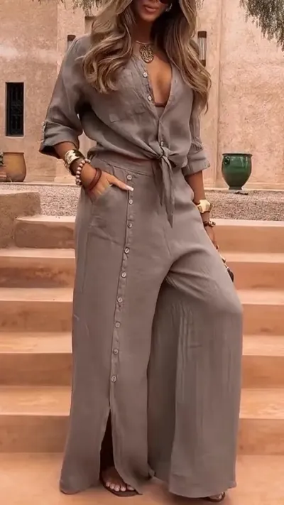 Women Plus-Size Fashionable Casual Loose Long-Sleeved Top And Wide-Leg Pants Two-Piece Set