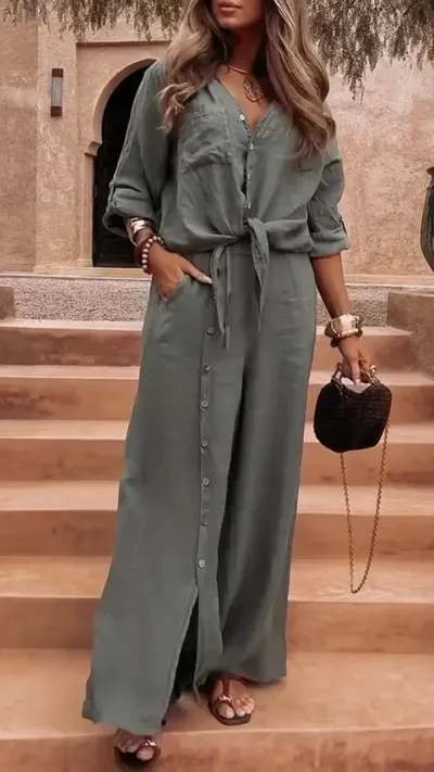 Women Plus-Size Fashionable Casual Loose Long-Sleeved Top And Wide-Leg Pants Two-Piece Set