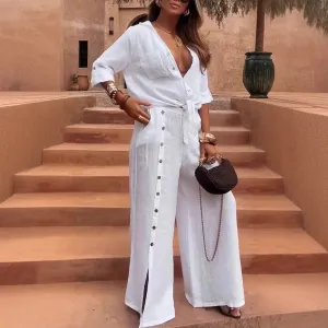 Women Plus-Size Fashionable Casual Loose Long-Sleeved Top And Wide-Leg Pants Two-Piece Set
