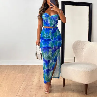 Women Fashion Sexy Printed Off-Shoulder Crop Top Slim-Fit Skirts Two-Piece Set
