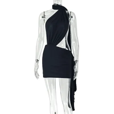 Street Fashion Women Sexy Solid Color Backless Strap Pleated Asymmetrical Dress