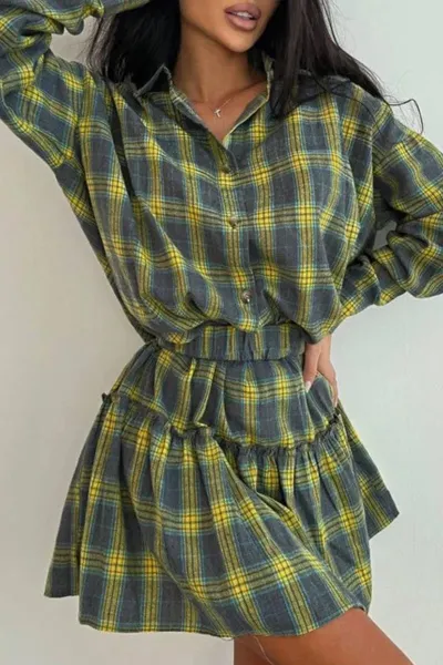 Women Fashion Casual Plaid Print Long Sleeve Shirt And Mini Skirt Two-Piece Set
