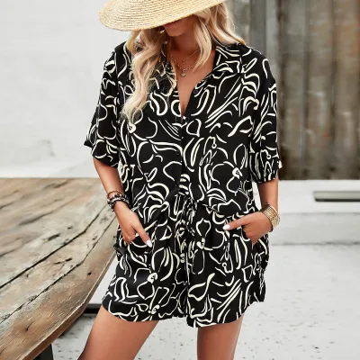 Women Casual Elegant Print Shirt And Shorts Two-Piece Set