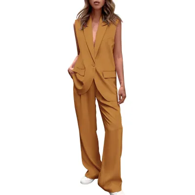 Women Fashion Casual Elegant Solid Color Sleeveless Button Vest Loose Pants Two-Piece Set
