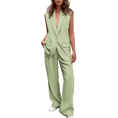 Women Fashion Casual Elegant Solid Color Sleeveless Button Vest Loose Pants Two-Piece Set