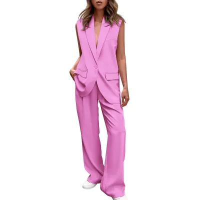 Women Fashion Casual Elegant Solid Color Sleeveless Button Vest Loose Pants Two-Piece Set