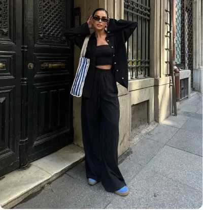 Women Fashion Casual Solid Color Cotton Linen Long-Sleeve Blouse Drawstring Wide Leg Pants Two-Piece Set