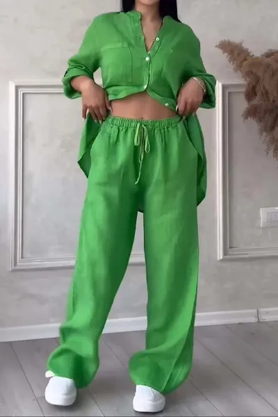 Women Fashion Casual Solid Color Cotton Linen Long-Sleeve Blouse Drawstring Wide Leg Pants Two-Piece Set
