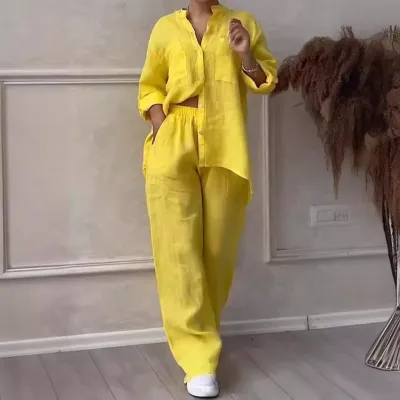 Women Fashion Casual Solid Color Cotton Linen Long-Sleeve Blouse Drawstring Wide Leg Pants Two-Piece Set